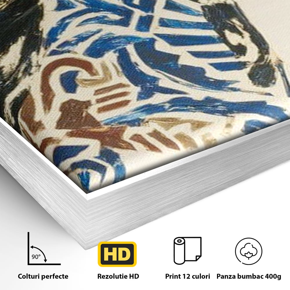 Detaliu al suprafetei: tablou canvas cu un cal in galop, in rama de aluminiu argintiu